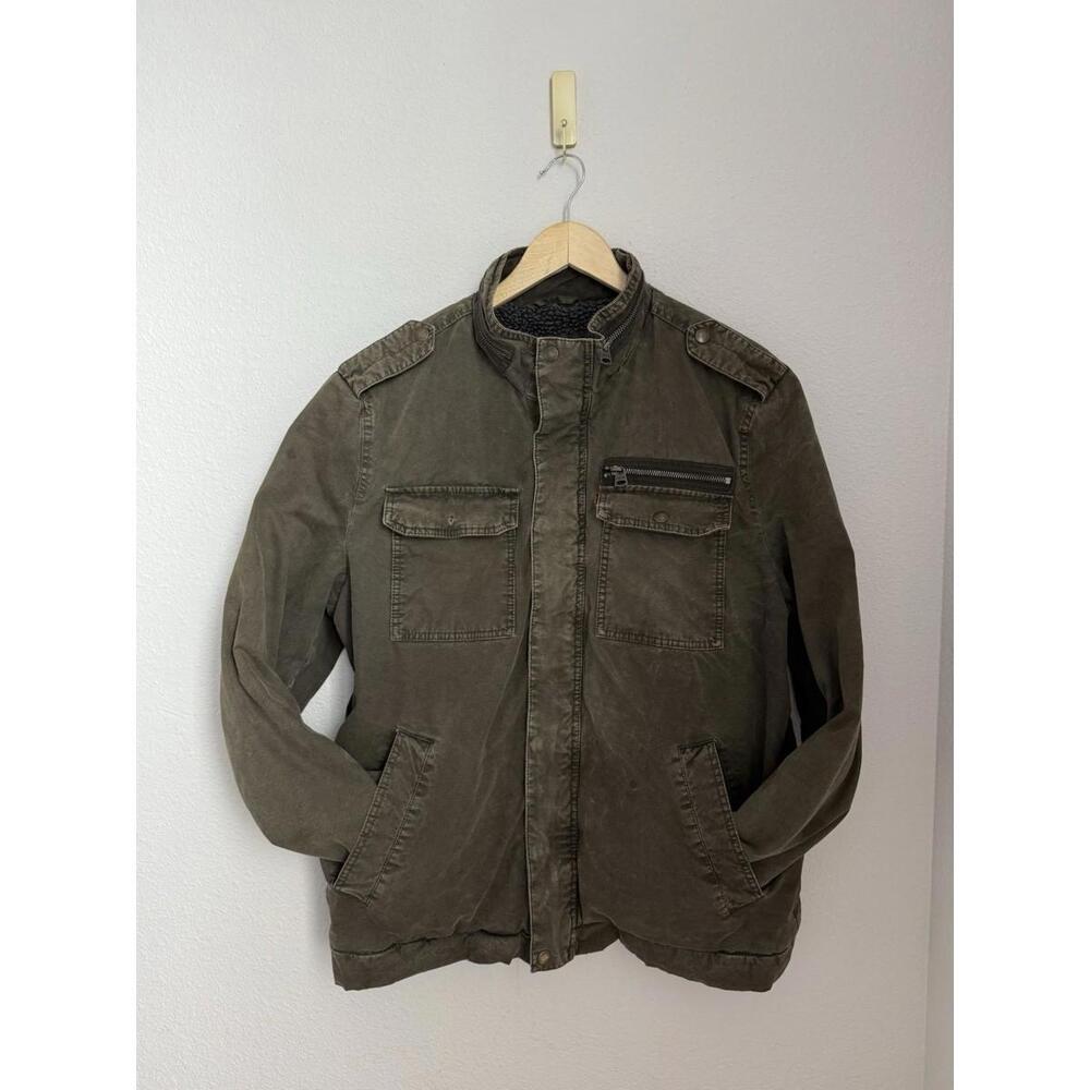 Levi’s Fleece Washed Cotton Distressed‎ Trucker Olive Green Cargo Jacket Sz L